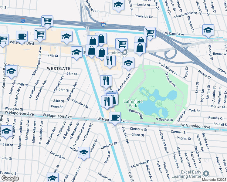 map of restaurants, bars, coffee shops, grocery stores, and more near 2609 Longwood Drive in Metairie