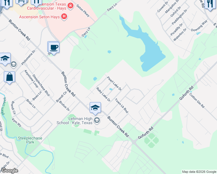 map of restaurants, bars, coffee shops, grocery stores, and more near 164 Opal Lake Drive in Kyle