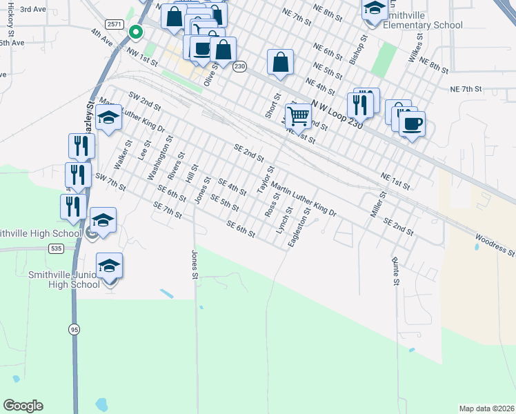 map of restaurants, bars, coffee shops, grocery stores, and more near 403 Taylor Street in Smithville