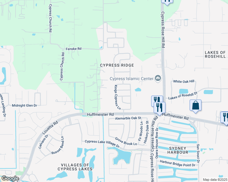 map of restaurants, bars, coffee shops, grocery stores, and more near 15919 Kings Cypress Lane in Cypress