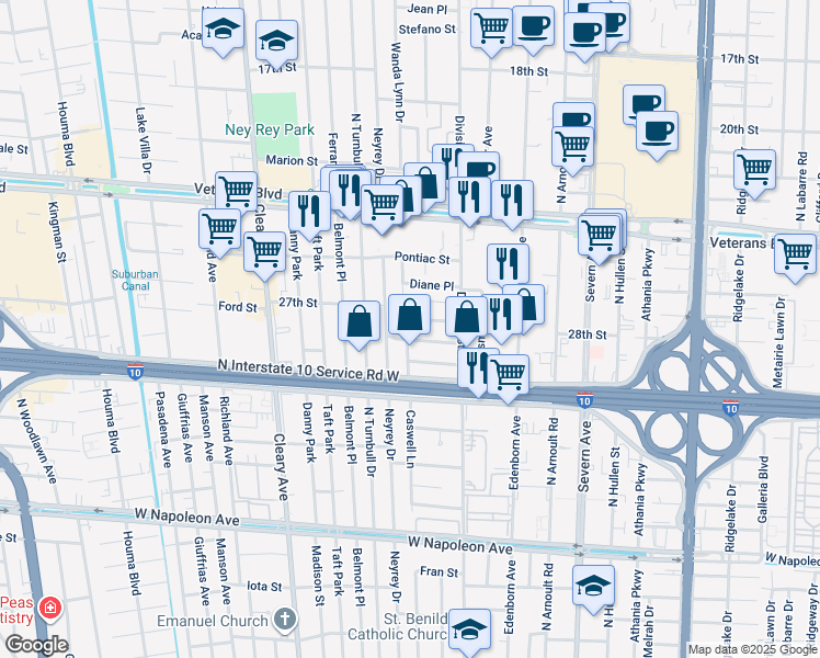 map of restaurants, bars, coffee shops, grocery stores, and more near 2907 Lexington Drive in Metairie