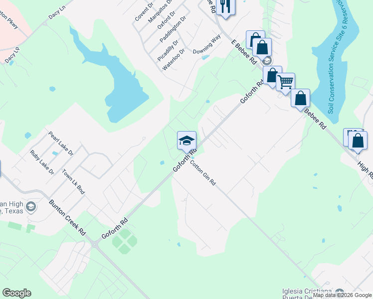 map of restaurants, bars, coffee shops, grocery stores, and more near 1251 Goforth Road in Kyle
