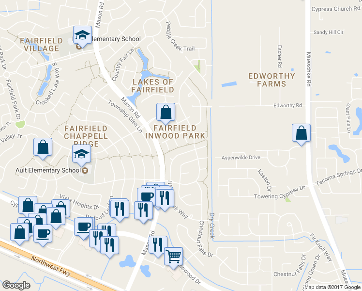 map of restaurants, bars, coffee shops, grocery stores, and more near 15502 Meadow Palm Drive in Cypress