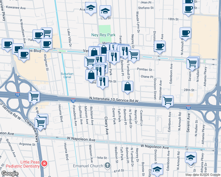 map of restaurants, bars, coffee shops, grocery stores, and more near 2816 Danny Park in Metairie