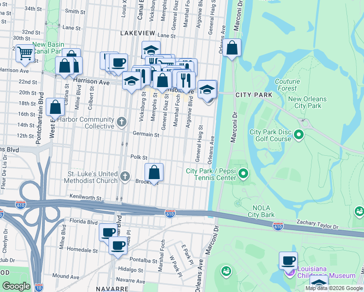 map of restaurants, bars, coffee shops, grocery stores, and more near 6054 Argonne Boulevard in New Orleans