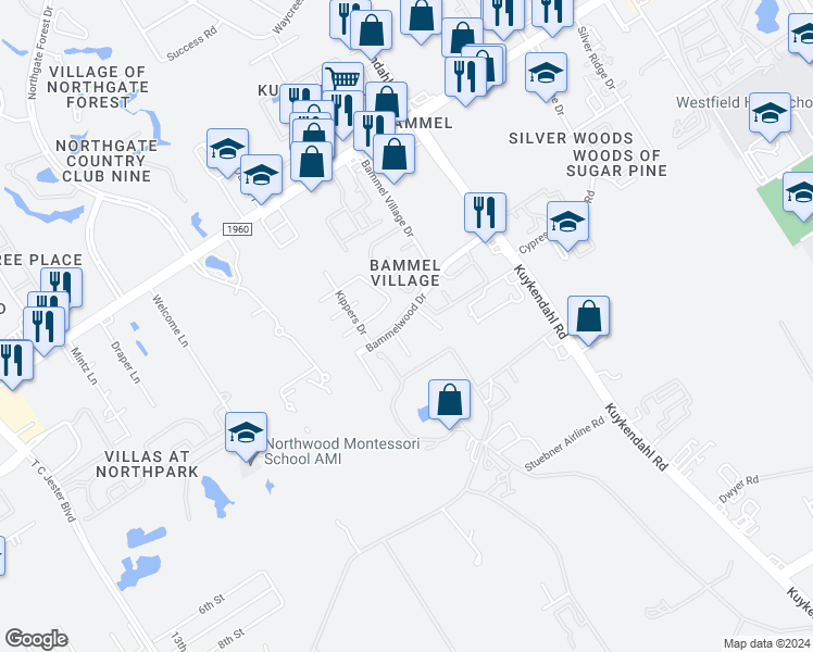 map of restaurants, bars, coffee shops, grocery stores, and more near 2531 Bammelwood Drive in Houston