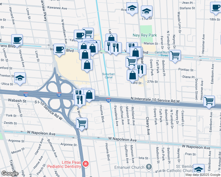 map of restaurants, bars, coffee shops, grocery stores, and more near 4117 Utica Street in Metairie