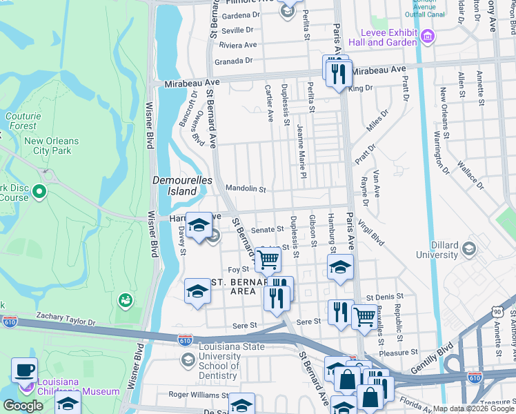 map of restaurants, bars, coffee shops, grocery stores, and more near 1345 Harrison Avenue in New Orleans
