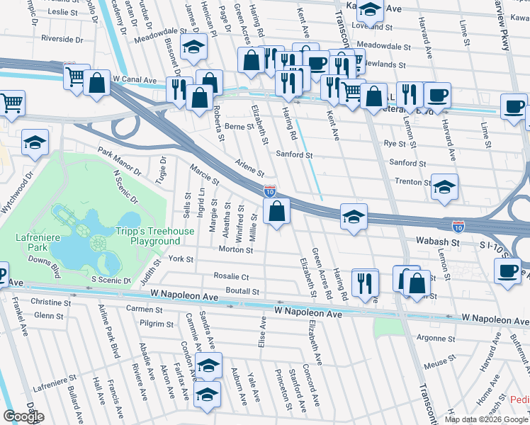 map of restaurants, bars, coffee shops, grocery stores, and more near 5804 Marcie Street in Metairie