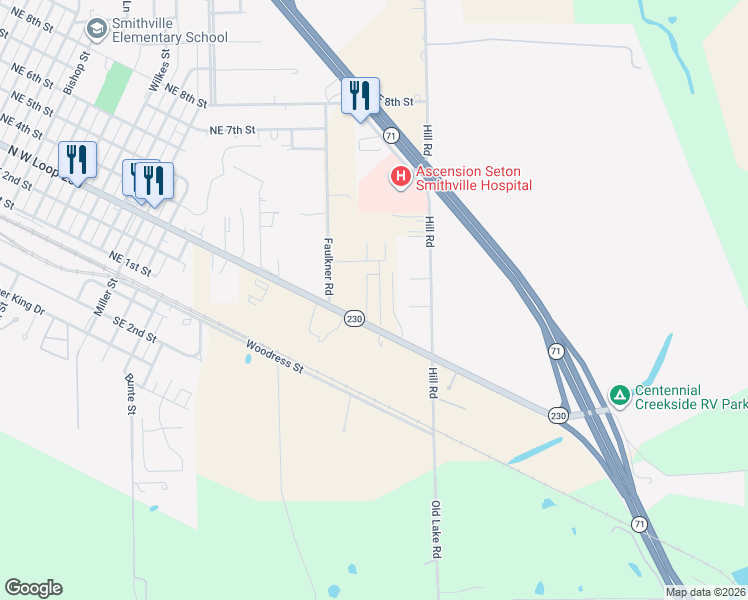 map of restaurants, bars, coffee shops, grocery stores, and more near 321 Quail Run Lane in Smithville