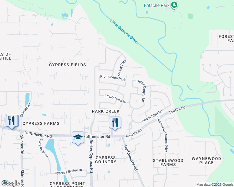 map of restaurants, bars, coffee shops, grocery stores, and more near 16731 Tranquility Park Drive in Cypress