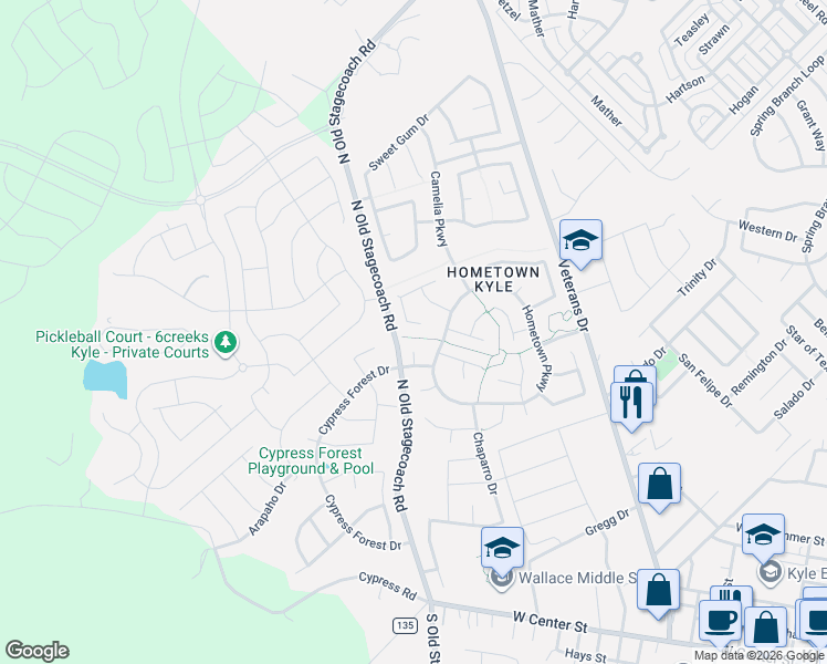 map of restaurants, bars, coffee shops, grocery stores, and more near 376 Spruce Drive in Kyle