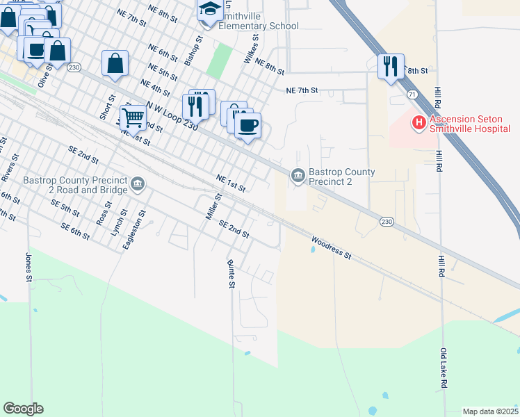 map of restaurants, bars, coffee shops, grocery stores, and more near 54302 Woodress Street in Smithville
