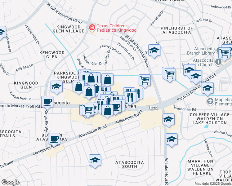 map of restaurants, bars, coffee shops, grocery stores, and more near 7301 FM 1960 Road East in Humble