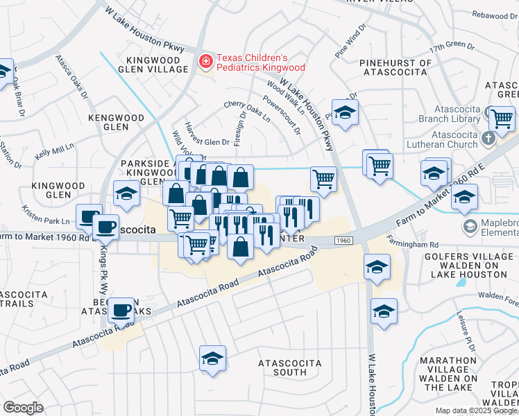 map of restaurants, bars, coffee shops, grocery stores, and more near 7301 FM 1960 Road East in Humble
