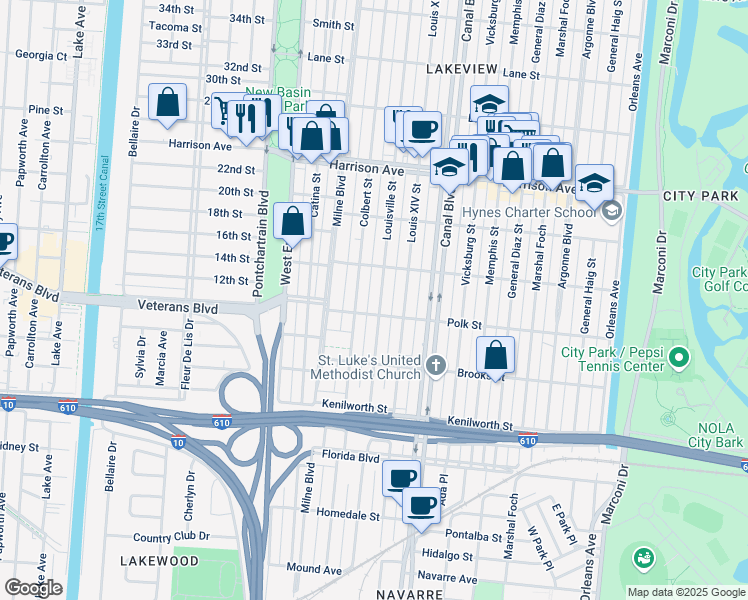 map of restaurants, bars, coffee shops, grocery stores, and more near 6026 Louisville Street in New Orleans