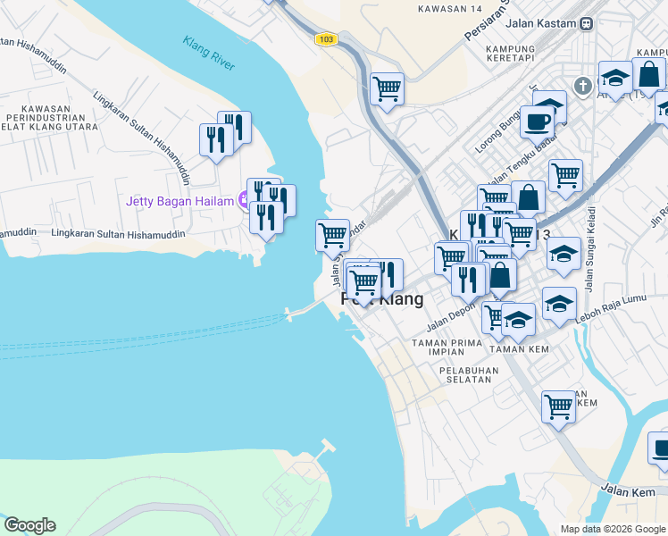 map of restaurants, bars, coffee shops, grocery stores, and more near Jalan Syahbandar in Port Klang