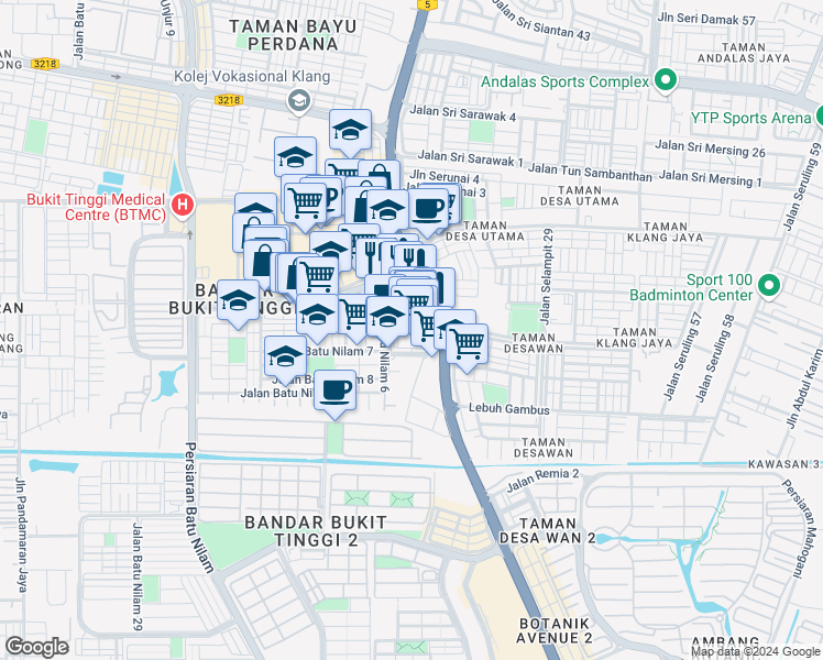 map of restaurants, bars, coffee shops, grocery stores, and more near Jalan Batu Nilam 15 in Klang