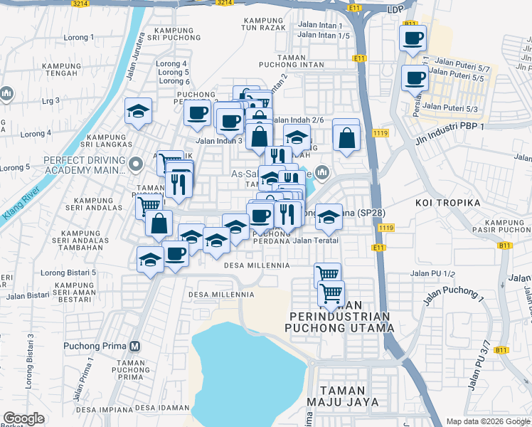 map of restaurants, bars, coffee shops, grocery stores, and more near Persiaran Puchong Perdana in Puchong
