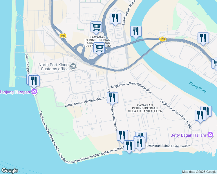 map of restaurants, bars, coffee shops, grocery stores, and more near Lingkaran Sultan Hishamuddin in Port Klang