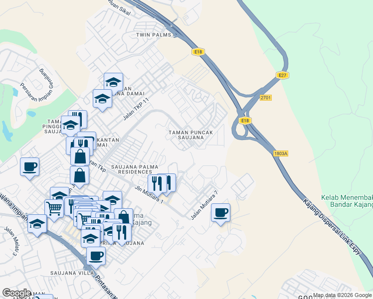 map of restaurants, bars, coffee shops, grocery stores, and more near Taman Puncak Saujana Seksyen 6 in Kajang