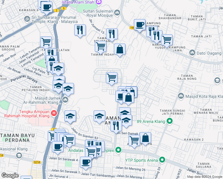 map of restaurants, bars, coffee shops, grocery stores, and more near Lorong Seri Sedeli 7b in Klang