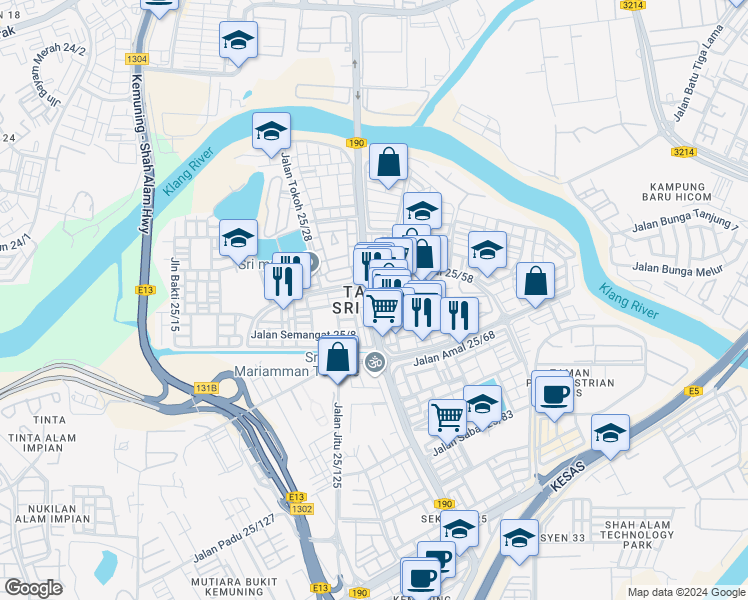map of restaurants, bars, coffee shops, grocery stores, and more near in Shah Alam