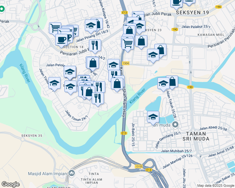 map of restaurants, bars, coffee shops, grocery stores, and more near Persiaran Sultan in Shah Alam
