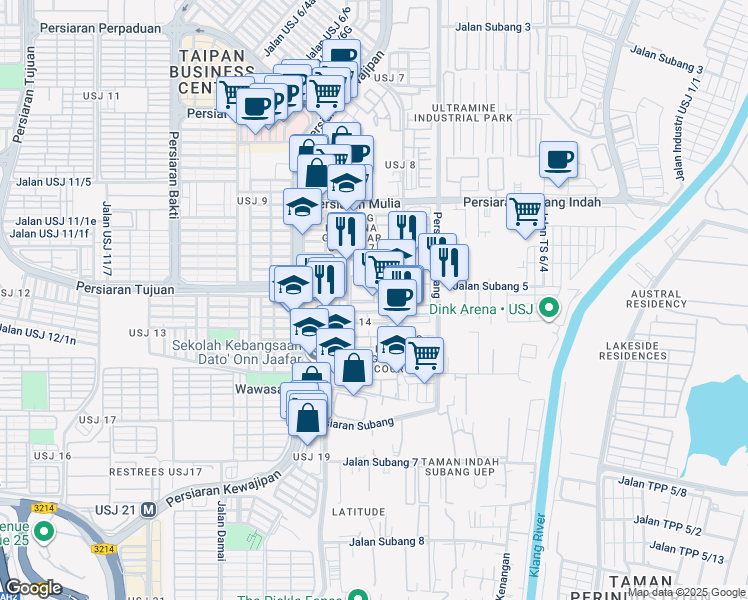 map of restaurants, bars, coffee shops, grocery stores, and more near Persiaran Mulia in Subang Jaya