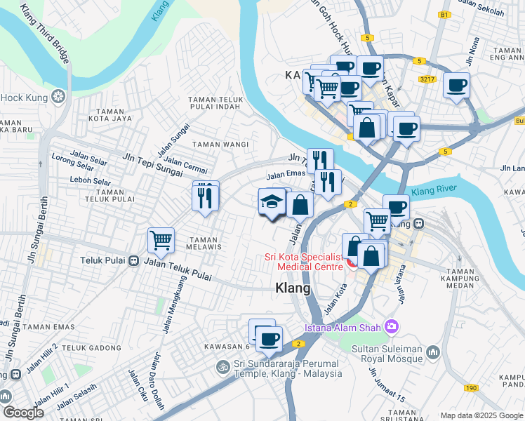 map of restaurants, bars, coffee shops, grocery stores, and more near Jalan Melawis in Klang