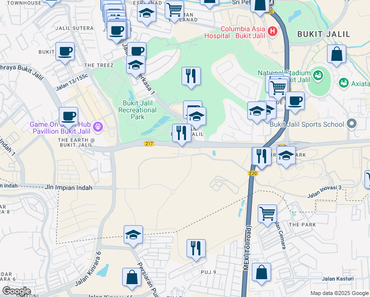 map of restaurants, bars, coffee shops, grocery stores, and more near Bukit Jalil Highway in Kuala Lumpur