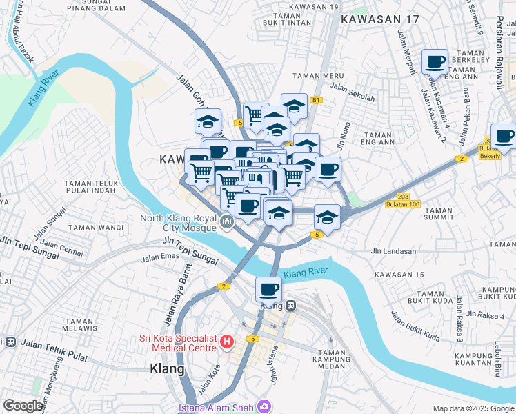 map of restaurants, bars, coffee shops, grocery stores, and more near Jalan Taiping in Klang