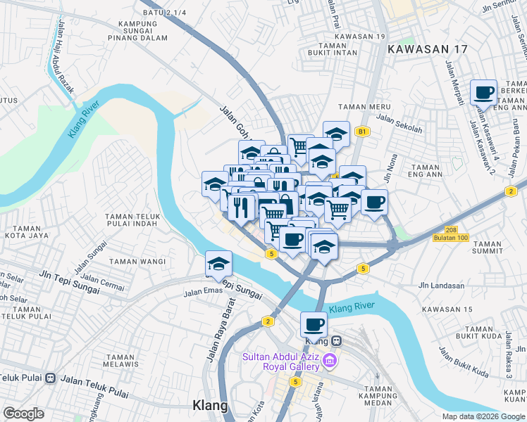 map of restaurants, bars, coffee shops, grocery stores, and more near Jalan Temoh in Klang