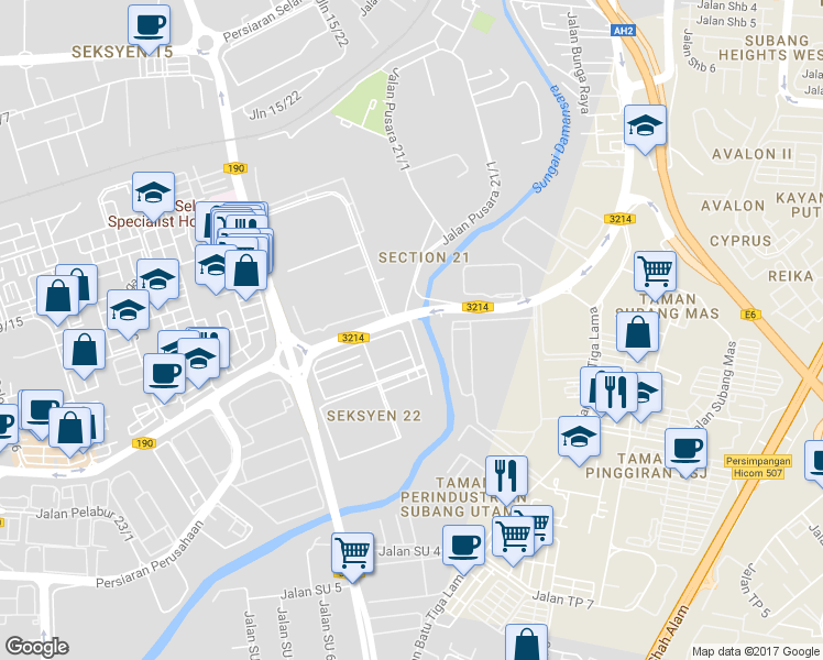 map of restaurants, bars, coffee shops, grocery stores, and more near Jalan 22/1 in Shah Alam