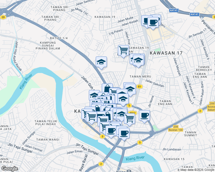 map of restaurants, bars, coffee shops, grocery stores, and more near Jalan Kapar in Klang