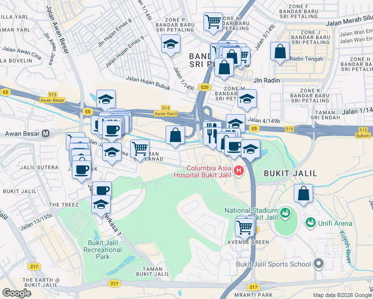 map of restaurants, bars, coffee shops, grocery stores, and more near Jalan Jalil Perkasa 19 in Kuala Lumpur