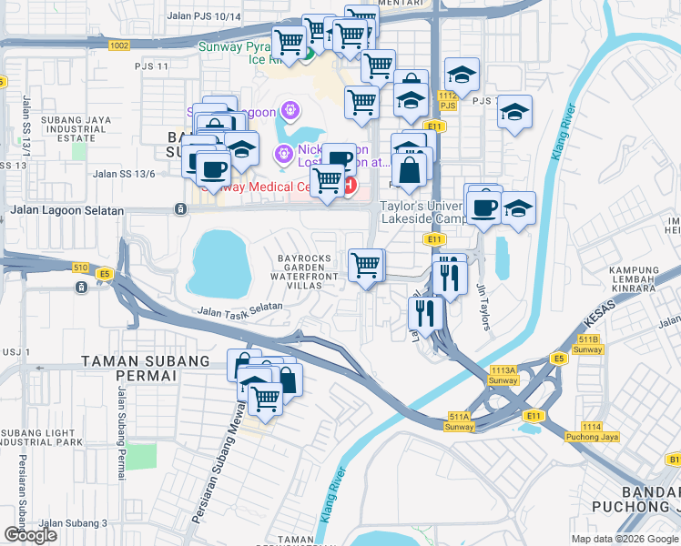 map of restaurants, bars, coffee shops, grocery stores, and more near Persiaran Tasik Timur in Petaling Jaya
