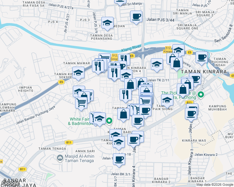map of restaurants, bars, coffee shops, grocery stores, and more near 13 Jalan TK 4/2 in Puchong