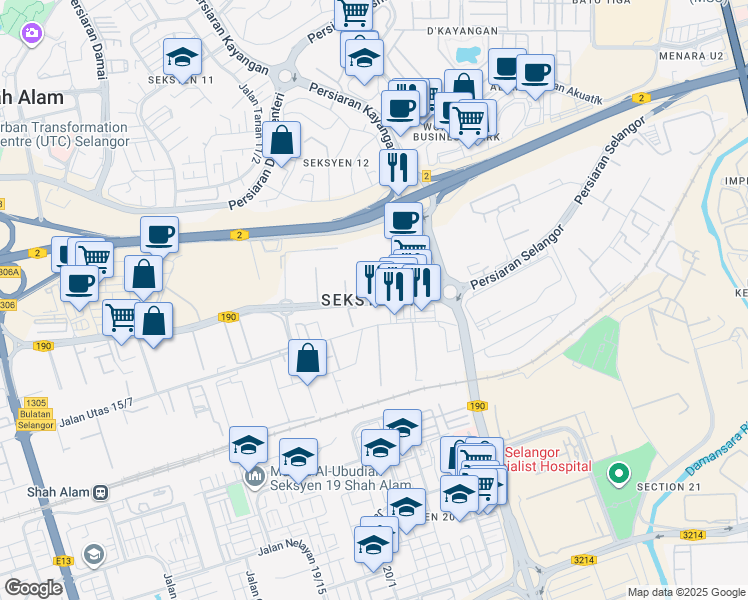 map of restaurants, bars, coffee shops, grocery stores, and more near in Shah Alam