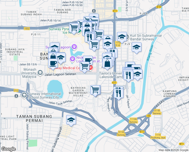 map of restaurants, bars, coffee shops, grocery stores, and more near 2 Jalan Lagoon Selatan in Subang Jaya