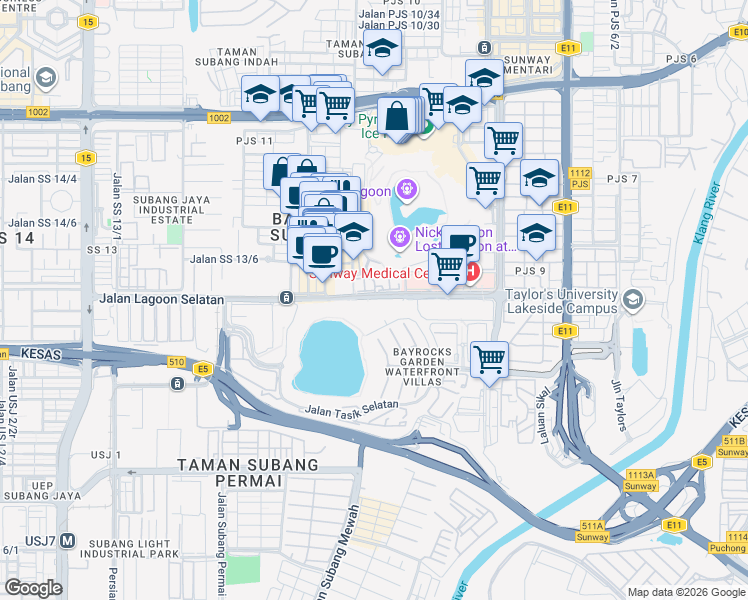 map of restaurants, bars, coffee shops, grocery stores, and more near Jalan Lagoon Selatan in Subang Jaya