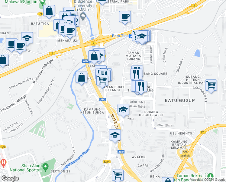 map of restaurants, bars, coffee shops, grocery stores, and more near 36 Jalan Tbp 2 in Subang Jaya