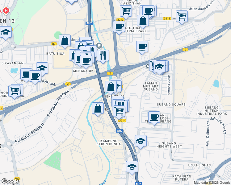 map of restaurants, bars, coffee shops, grocery stores, and more near 46a Jalan Jubli Perak 22/1 in Shah Alam