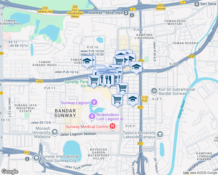 map of restaurants, bars, coffee shops, grocery stores, and more near Persiaran Lagoon in Petaling Jaya