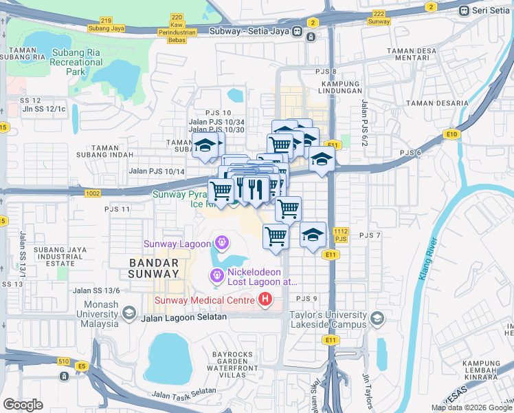 map of restaurants, bars, coffee shops, grocery stores, and more near Persiaran Lagoon in Subang Jaya