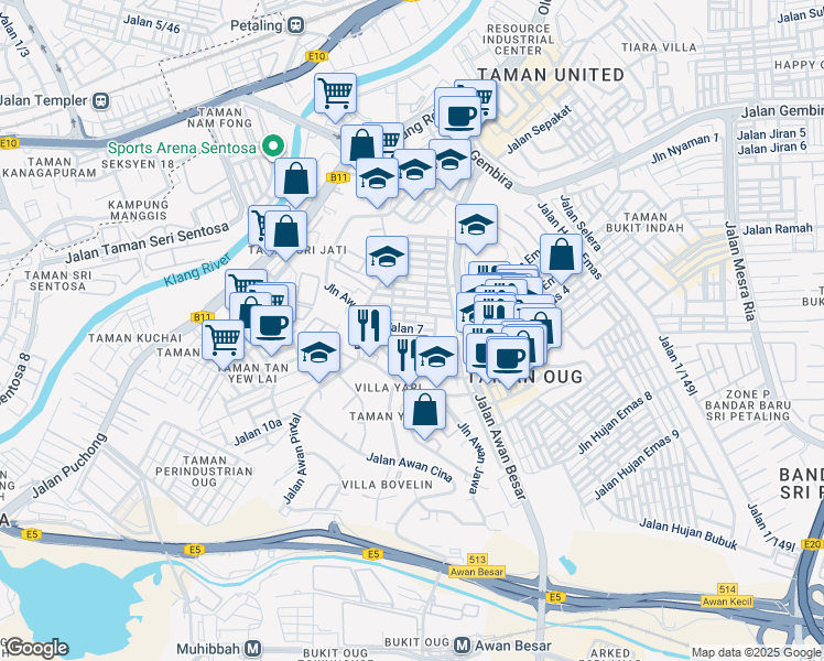 map of restaurants, bars, coffee shops, grocery stores, and more near 95 Jalan 7 in Kuala Lumpur