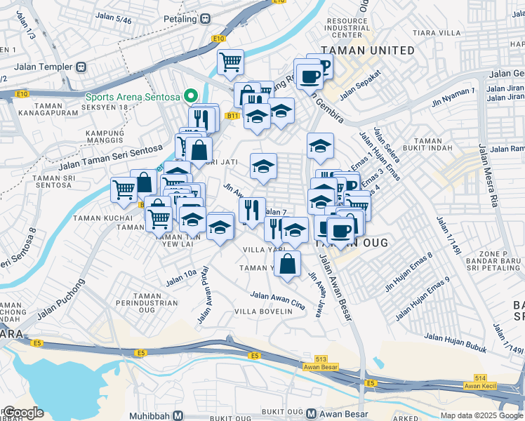 map of restaurants, bars, coffee shops, grocery stores, and more near 95 Jalan 7 in Kuala Lumpur