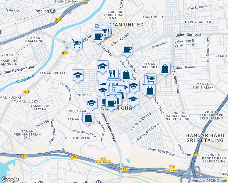 map of restaurants, bars, coffee shops, grocery stores, and more near 3 Jalan Hujan Rahmat in Kuala Lumpur