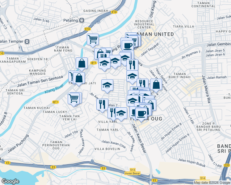 map of restaurants, bars, coffee shops, grocery stores, and more near Jalan Awan Kecil 3 in Kuala Lumpur