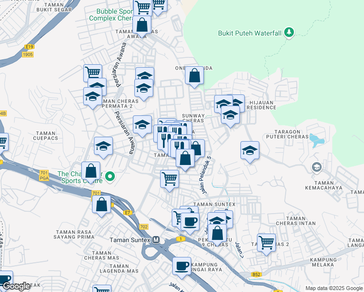 map of restaurants, bars, coffee shops, grocery stores, and more near Jalan Alam Jaya 21 in Cheras